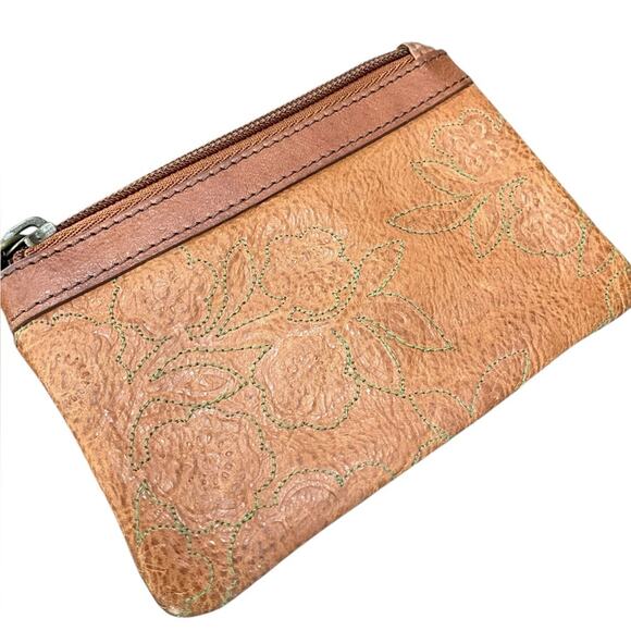 Fossil Brown with green Floral Stitched Leather ID Wallet EUC - Picture 3 of 6
